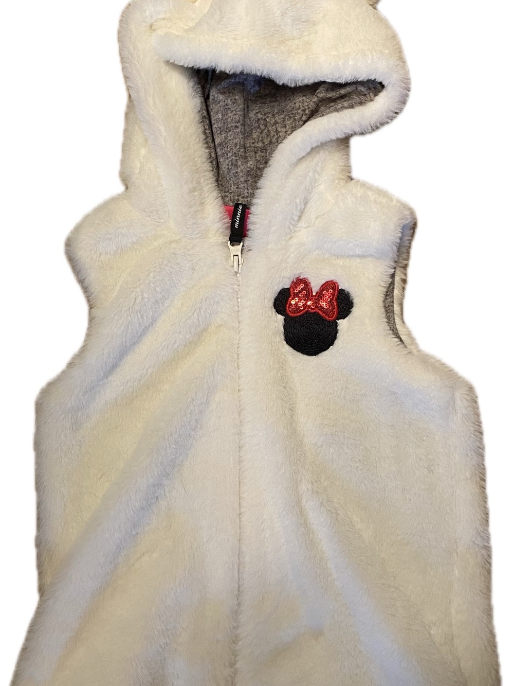 Girl’s Disney Plush Hooded Vest in White with Black & Red Minnie Mouse Patch